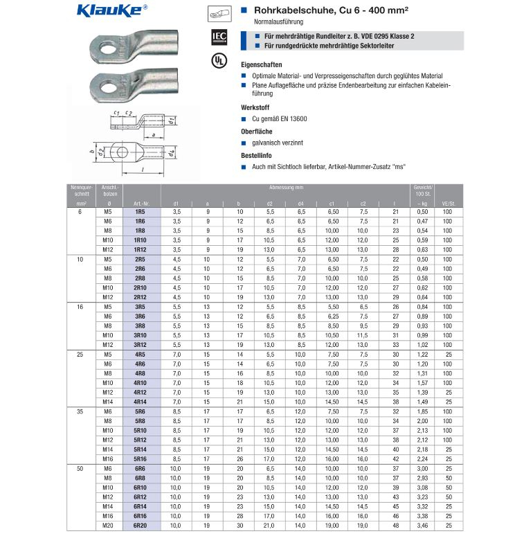 KLAUKE Rohrkabelschuh, 6mm², M8, 12mm breit, 2 Stück