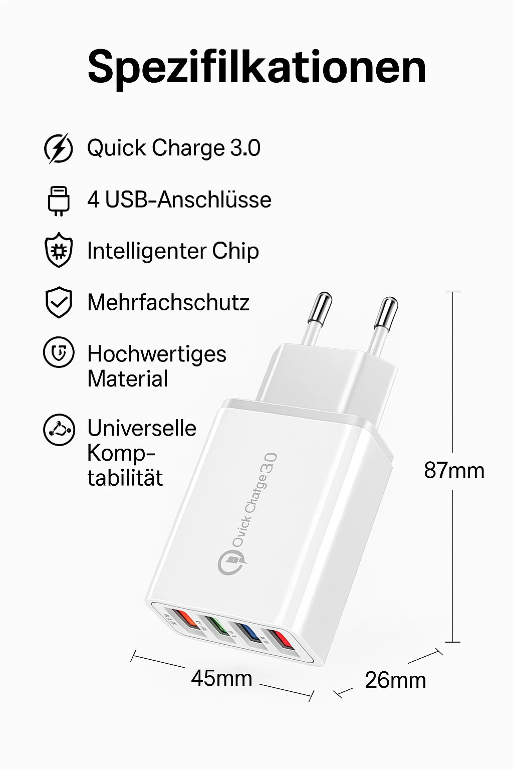 4-Port USB Schnellladegerät QC 3.0 Netzteil Adapter 5V/3.1A – Weiß