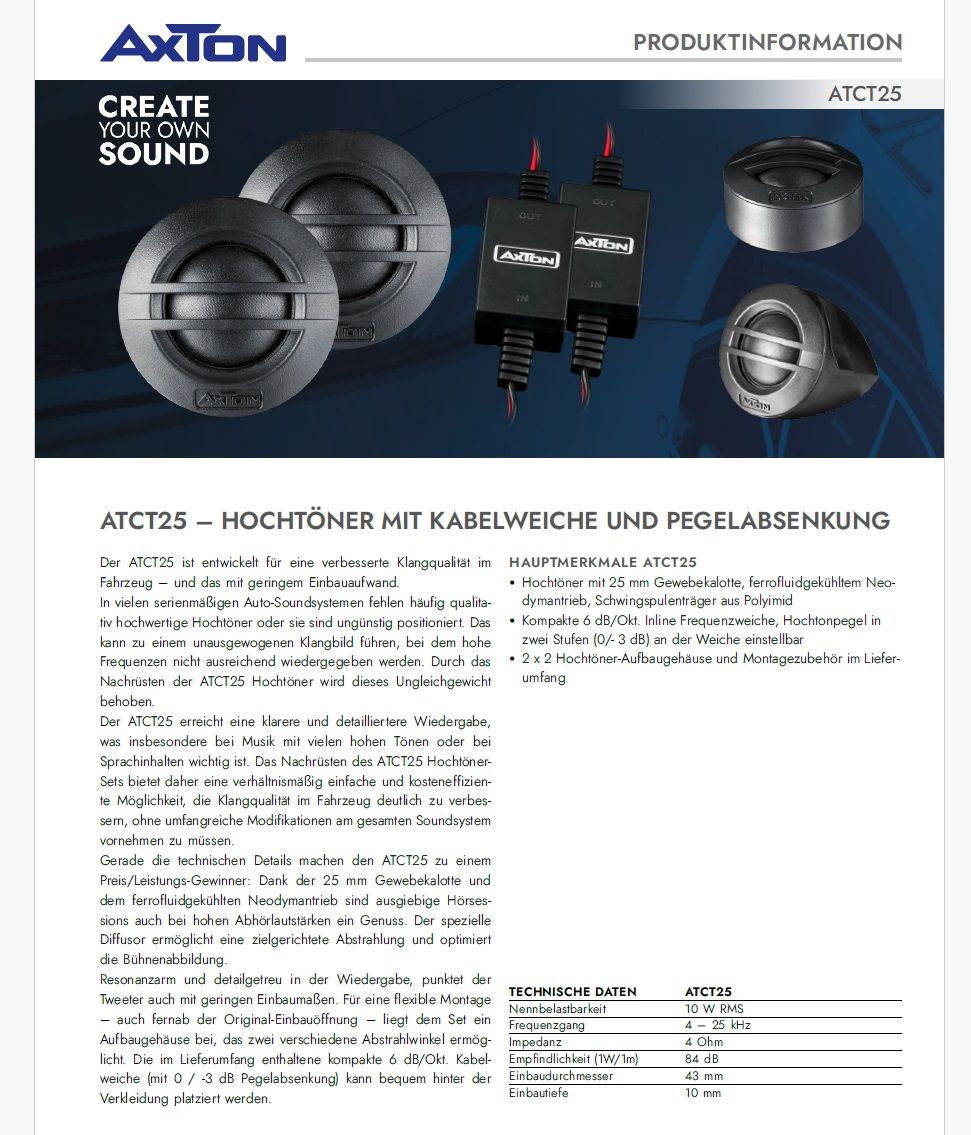 AXTON ATCT25 25 mm Gewebe-Hochtöner mit Weiche