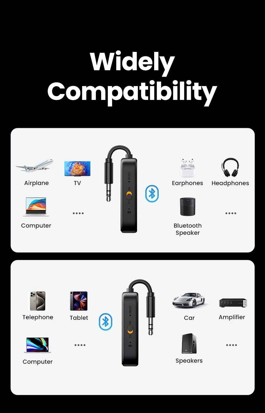 UGREEN Bluetooth 5.2 Sender Klinke Bluetooth Adapter für Zwei Airpods 2 in 1