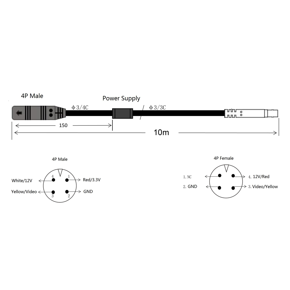AMPIRE Anschlußkabel 4-pol. Mini-DIN, mit 3.3V Netzteil, 10m