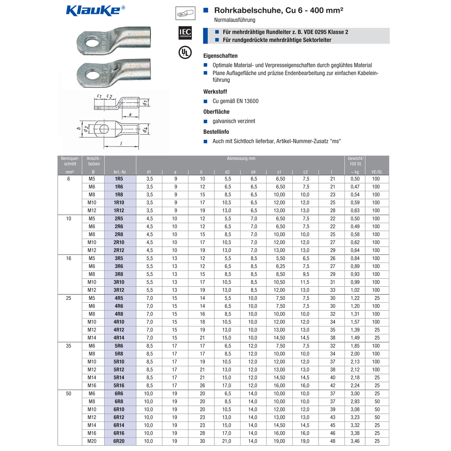 KLAUKE Rohrkabelschuh, 6mm², M6, 12mm breit 2 Stück