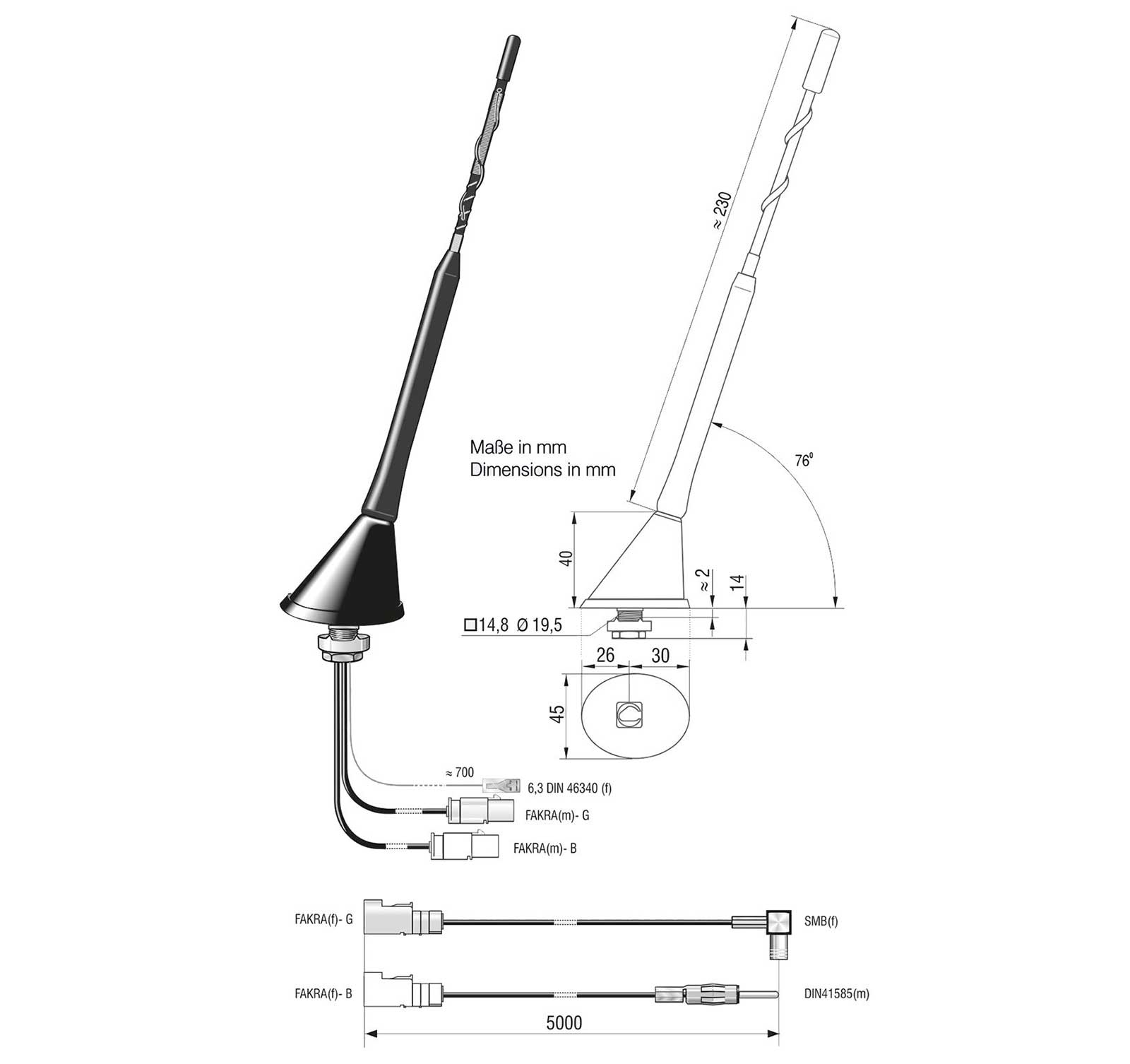 ATBB 2118.04 FM/DAB+ Aktiv-Antenne mit 5m DIN - SMB Kabel-Set