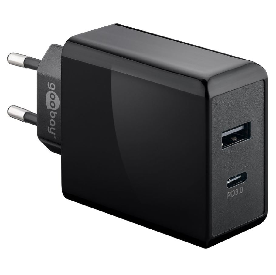 230V Netzteil mit USB-A & USB-C Buchsen, 30 Watt, schwarz