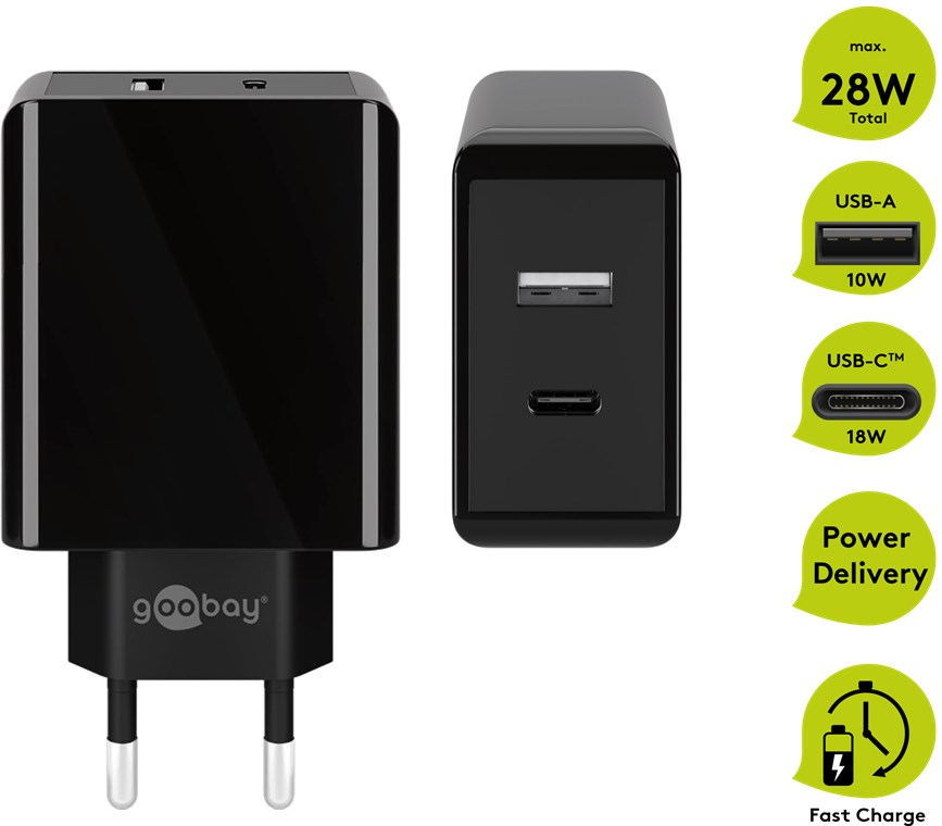 230V Netzteil mit USB-A & USB-C Buchsen, 30 Watt, schwarz