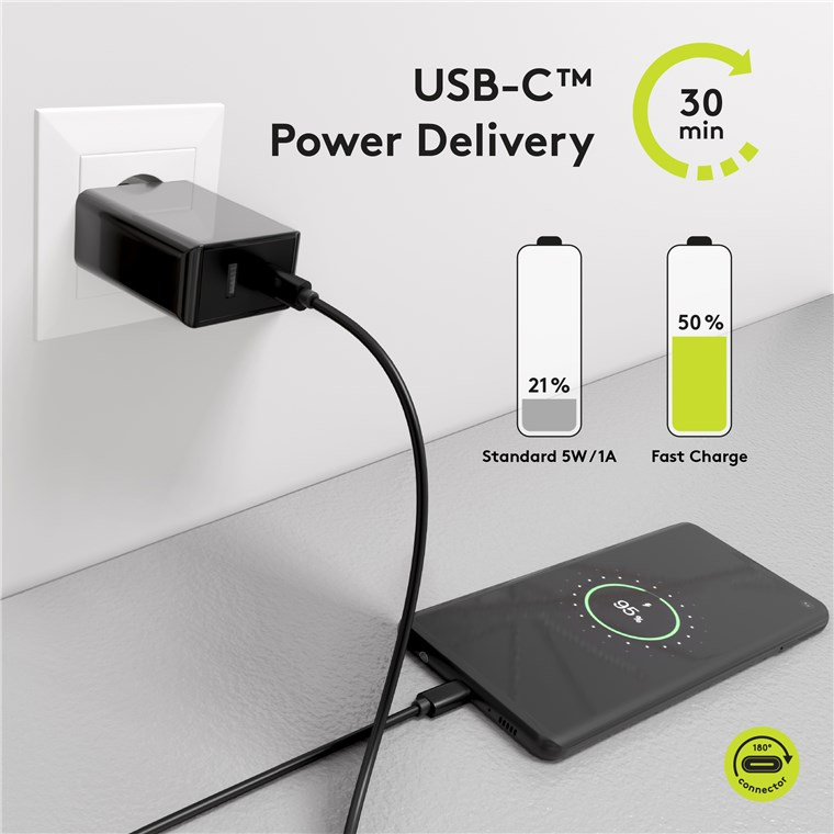 230V Netzteil mit USB-A & USB-C Buchsen, 30 Watt, schwarz